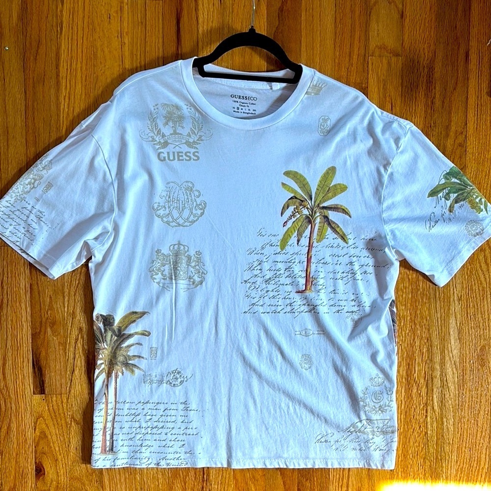 Guess White T-Shirt Men’s Graphic Design Tropical Summer Oversized Sz Small